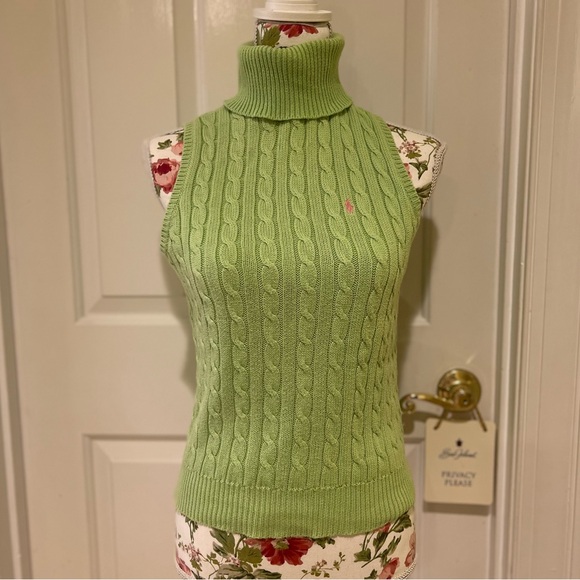 Ralph Lauren Tops - Ralph Lauren lime green cable knit polo sleeveless turtleneck sweater - M